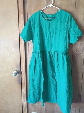 Mordenmiss XL Cotton Linen Long Dress Green Short Sleeve Boho Midi